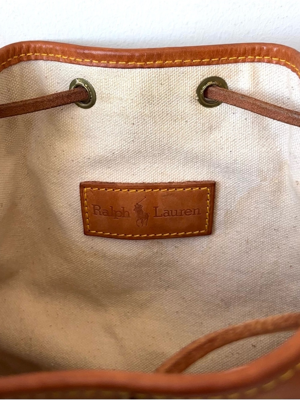 Vintage 80s Ralph Lauren Yellow Floral Drawstring Bucket Bag Leather Canvas Tote - Picture 7 of 15